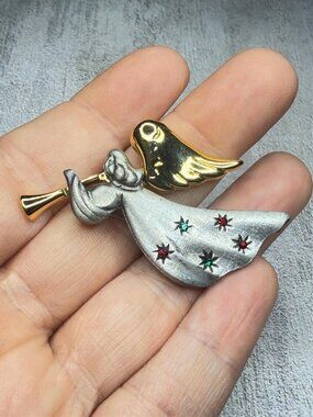 Angel Trumpet Vintage Brooch Two Tone Star Rhinestones Christmas Pin 2 inches